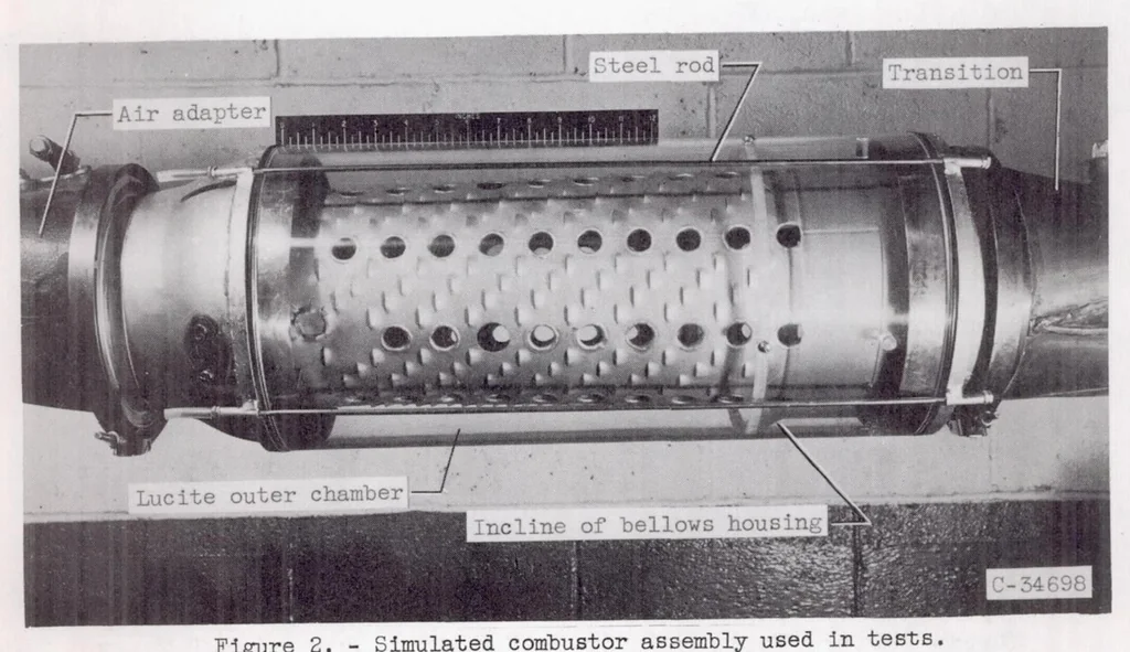 An illustration from Effectiveness of a Turbojet Tubular Combustor in Screening the Turbine from Foreign Objects, 1955, leaf 11