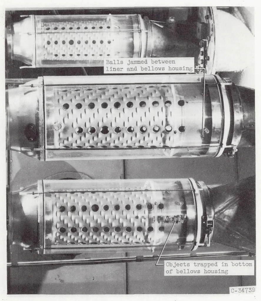 An illustration from Effectiveness of a Turbojet Tubular Combustor in Screening the Turbine from Foreign Objects, 1955, leaf 16