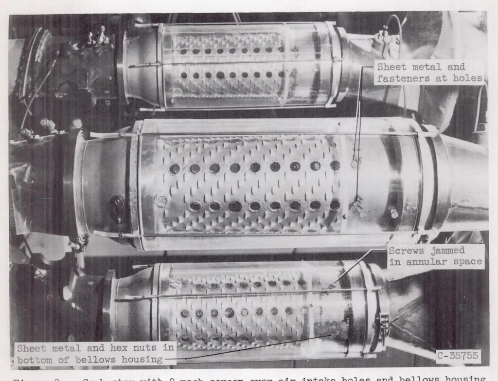 An illustration from Effectiveness of a Turbojet Tubular Combustor in Screening the Turbine from Foreign Objects, 1955, leaf 19
