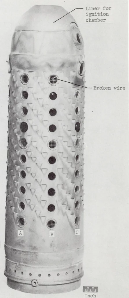 An illustration from Effectiveness of a Turbojet Tubular Combustor in Screening the Turbine from Foreign Objects, 1955, leaf 20