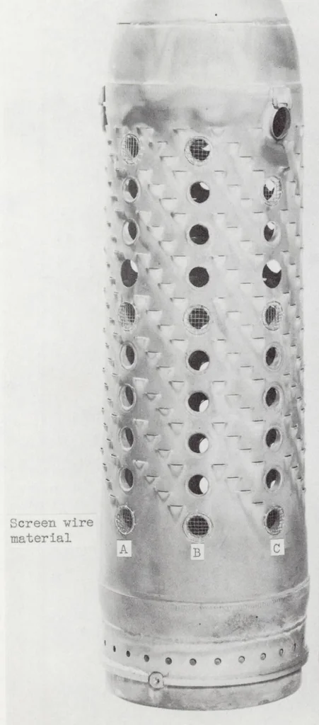 An illustration from Effectiveness of a Turbojet Tubular Combustor in Screening the Turbine from Foreign Objects, 1955, leaf 20