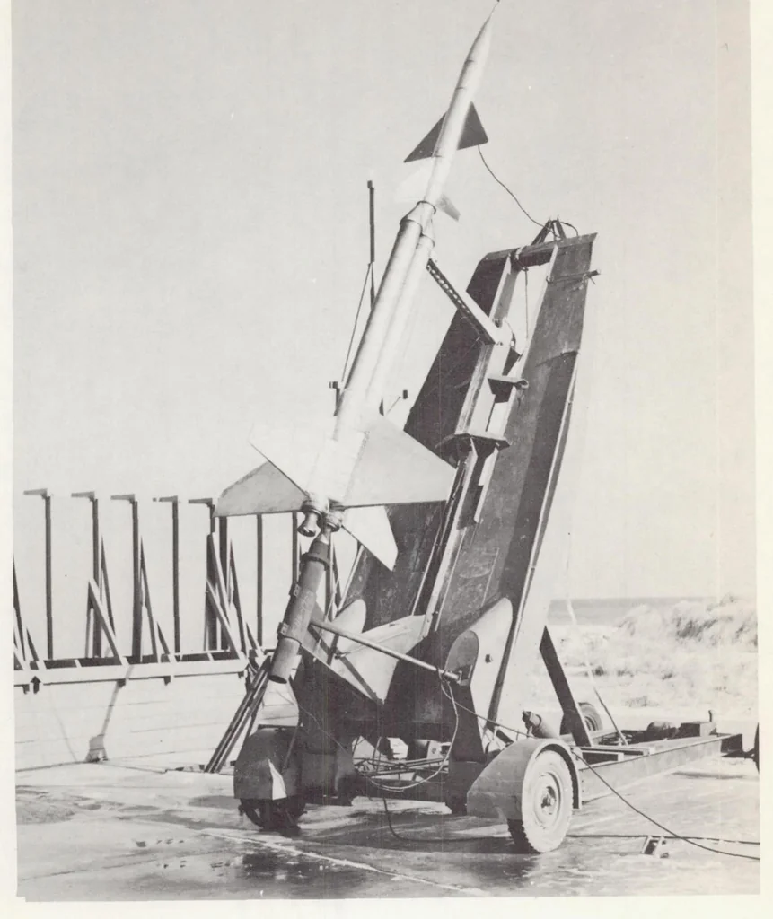 An illustration from Longitudinal Characteristics at Transonic and Supersonic Speeds of a Rocket-propelled Airplane Model Having a 60 Degree Delta Wing and Low Swept Horizontal Tail, 1955, leaf 21