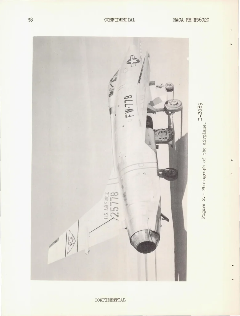 An illustration from Time-vector Determined Lateral Derivatives of a Swept-wing Fighter-type Airplane with Three Different Vertical Tails at Mach Numbers Between 0.70 and 1.48, 1956, leaf 38