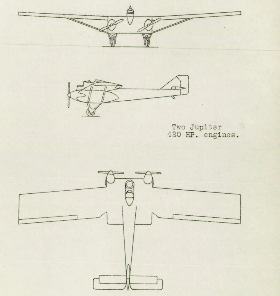 An illustration from Dyle and Bacalan metal monoplane, D.B. 10 : night bomber - equipped with two 420 HP. Jupiter engines, 1927, leaf 7