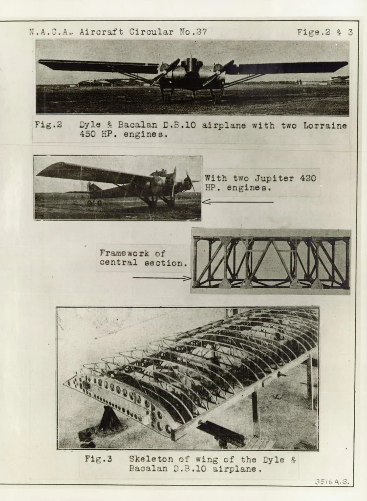 An illustration from Dyle and Bacalan metal monoplane, D.B. 10 : night bomber - equipped with two 420 HP. Jupiter engines, 1927, leaf 8