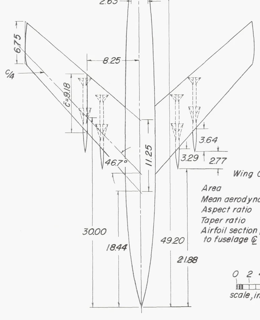 An illustration from Investigation at High Subsonic Speeds of the Effect of Adding Various Combinations of Missiles on the Aerodynamic Characteristics of Sweptback and Unswept Wings Combined with a Fuselage, 1954, leaf 12