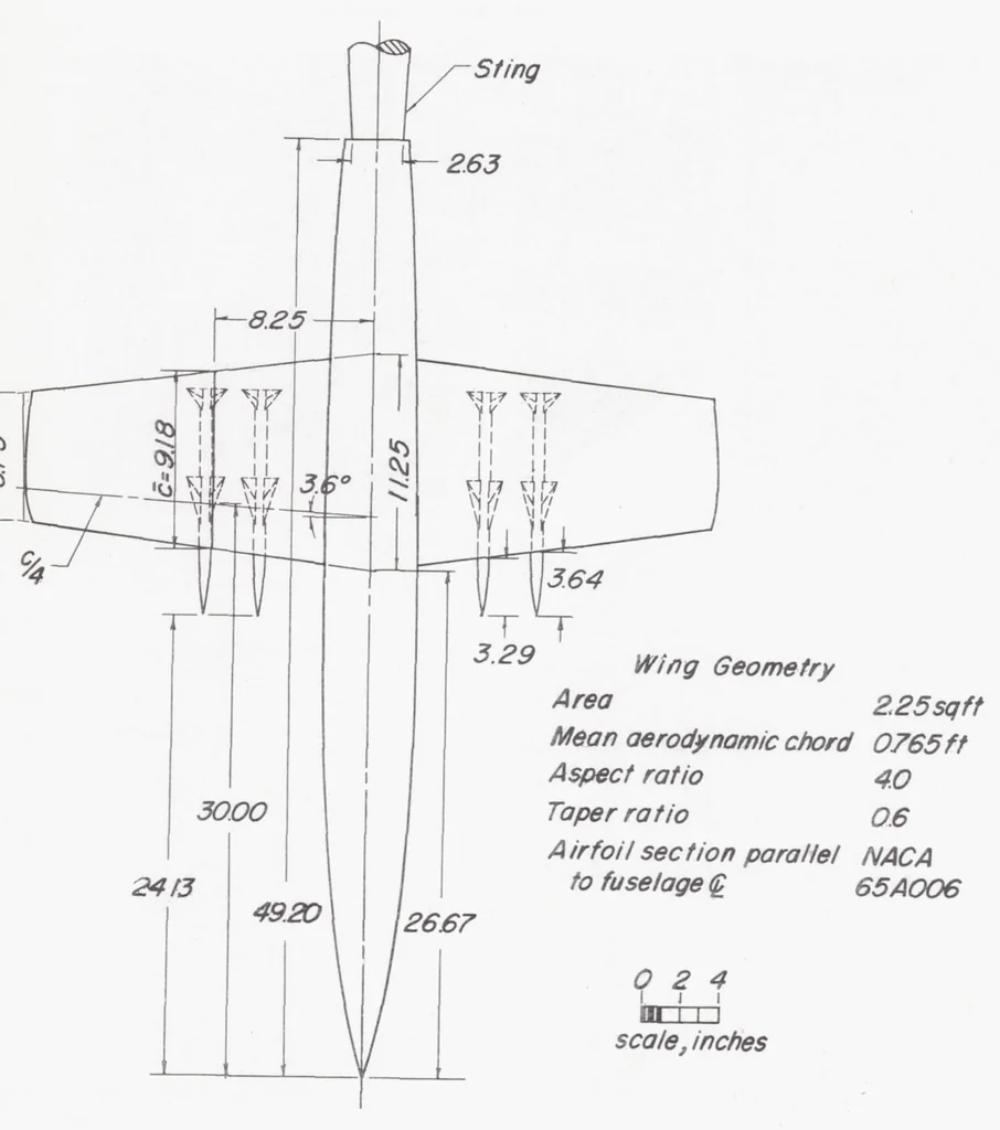 An illustration from Investigation at High Subsonic Speeds of the Effect of Adding Various Combinations of Missiles on the Aerodynamic Characteristics of Sweptback and Unswept Wings Combined with a Fuselage, 1954, leaf 13