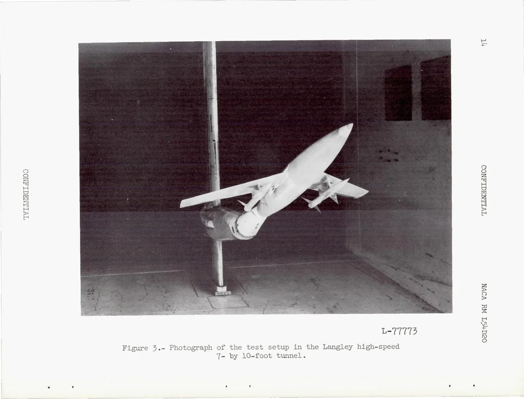 An illustration from Investigation at High Subsonic Speeds of the Effect of Adding Various Combinations of Missiles on the Aerodynamic Characteristics of Sweptback and Unswept Wings Combined with a Fuselage, 1954, leaf 14