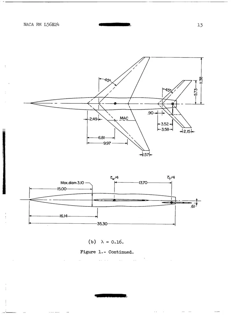 An illustration from Combined Effects of Wing Taper Ratio and Low Horizontal-Tail Position on Longitudinal Stability of a 45 Degree Sweptback Wing-Body Combination at Transonic Speeds, 1956, leaf 13