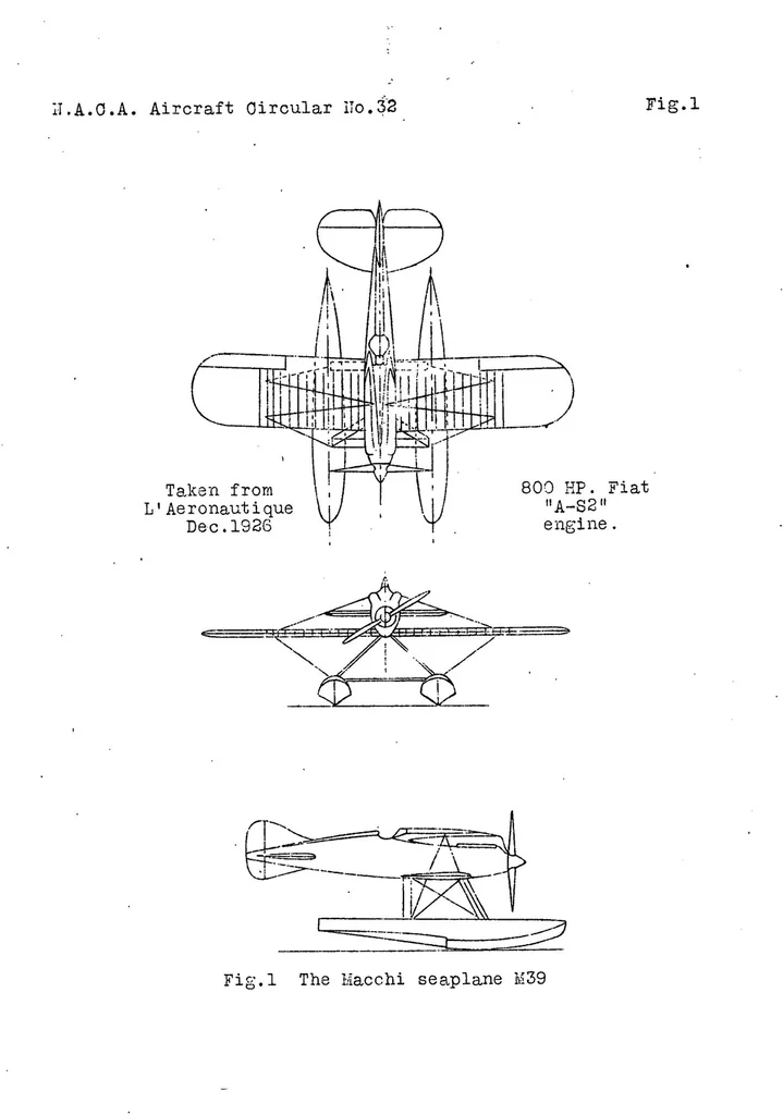 An illustration from Macchi M. 39 Seaplane: Single-Seat Racer with an 800 HP. Fiat "A-S2" Engine, 1927, leaf 4
