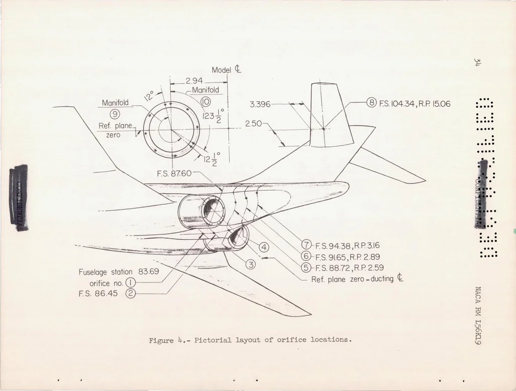 An illustration from A Summary of the Longitudinal and Lateral Stability and Control Characteristics Obtained from Rocket-model Tests of a Swept-wing Fighter-type Airplane at Mach Numbers from 0.5 to 1.9, 1957, leaf 35