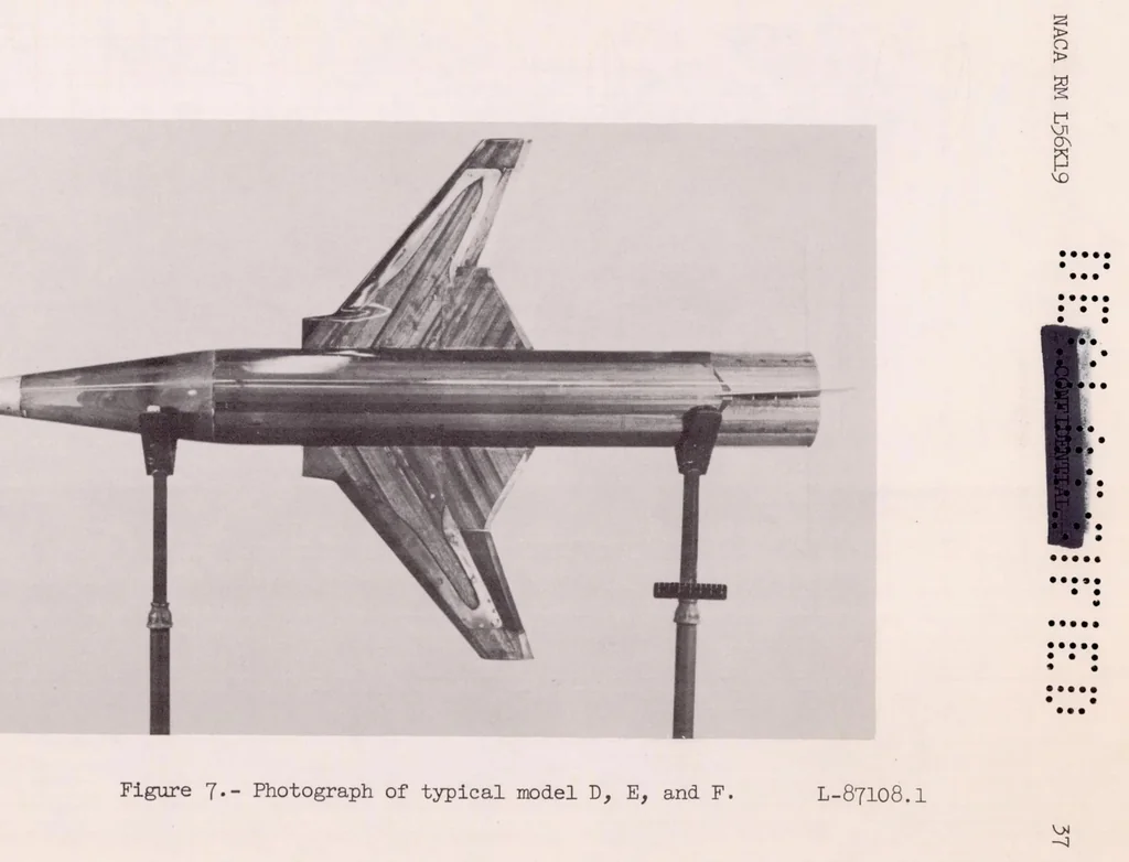 An illustration from A Summary of the Longitudinal and Lateral Stability and Control Characteristics Obtained from Rocket-model Tests of a Swept-wing Fighter-type Airplane at Mach Numbers from 0.5 to 1.9, 1957, leaf 38