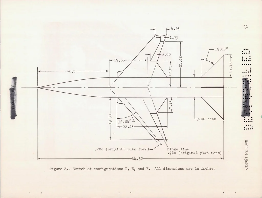 An illustration from A Summary of the Longitudinal and Lateral Stability and Control Characteristics Obtained from Rocket-model Tests of a Swept-wing Fighter-type Airplane at Mach Numbers from 0.5 to 1.9, 1957, leaf 39