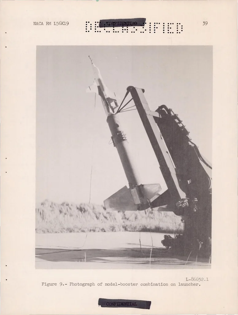 An illustration from A Summary of the Longitudinal and Lateral Stability and Control Characteristics Obtained from Rocket-model Tests of a Swept-wing Fighter-type Airplane at Mach Numbers from 0.5 to 1.9, 1957, leaf 40