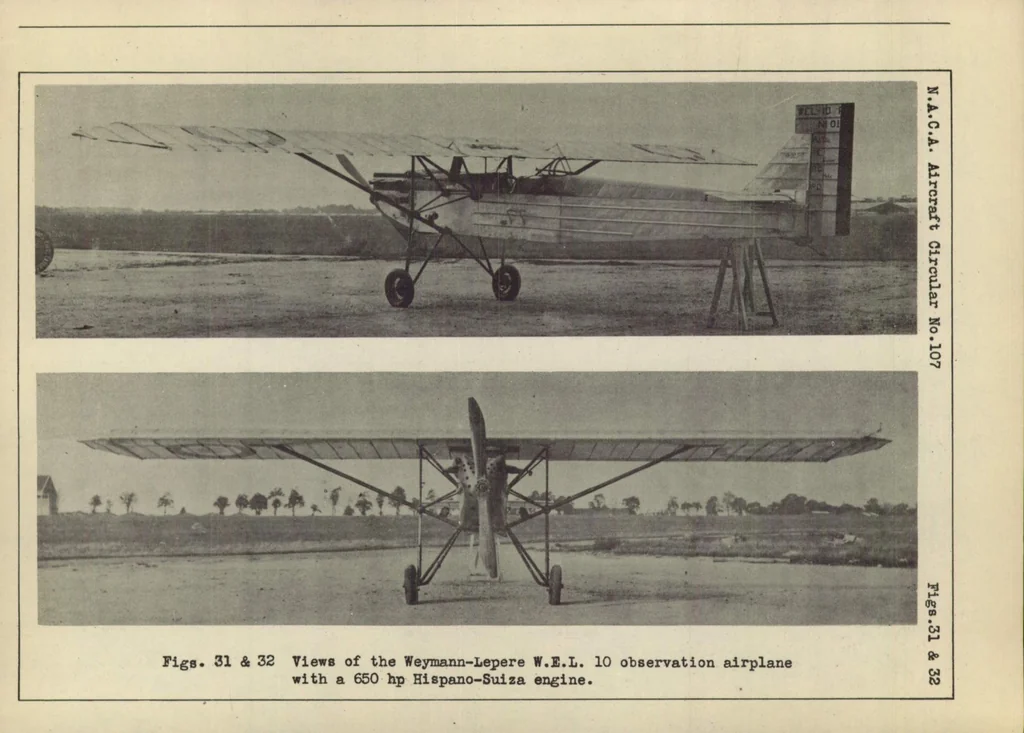 An illustration from The Weymann-Lepere W.E.L. 10 Observation Airplane (French) : a High-Wing Monoplane, 1930, leaf 14