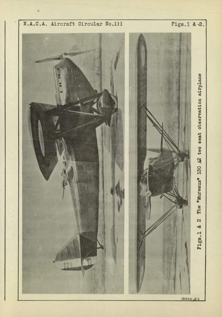 An illustration from Les Mureaux "130.A2" observation airplane (French) : a high-wing two-seat monoplane, 1930, leaf 8