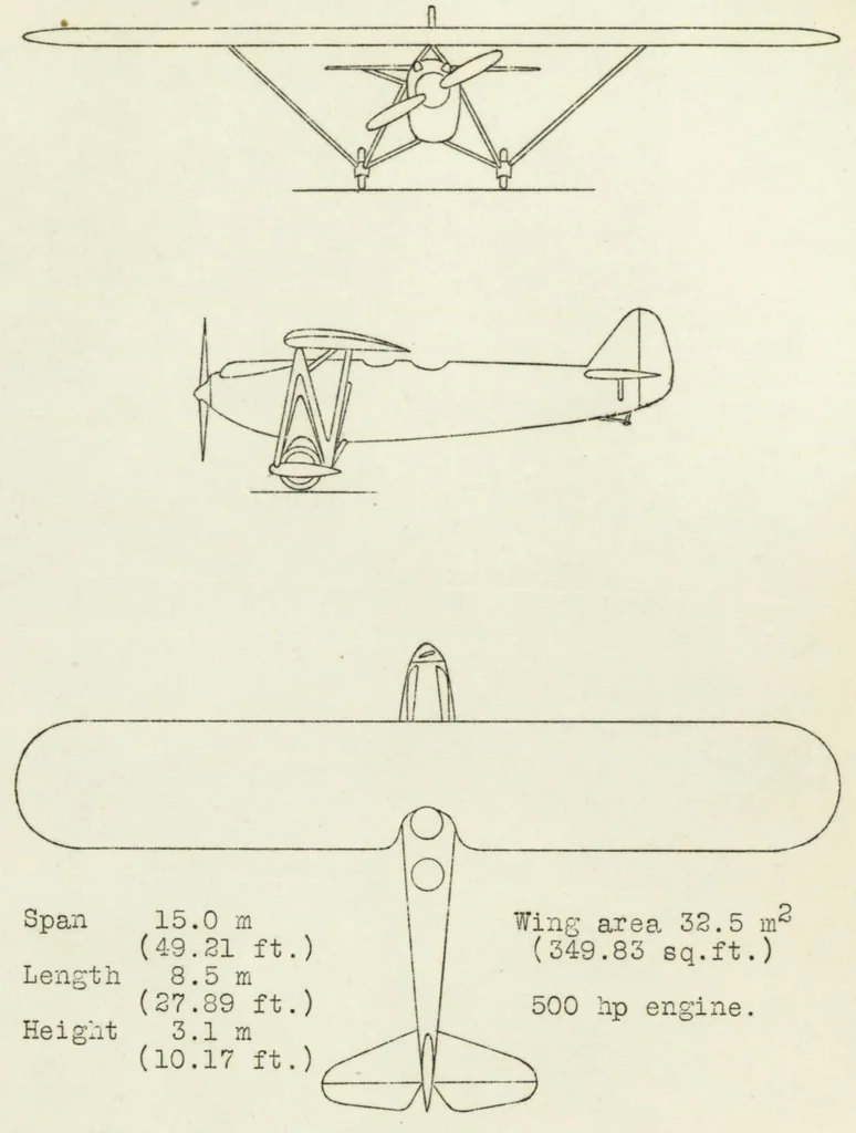 An illustration from Les Mureaux "130.A2" observation airplane (French) : a high-wing two-seat monoplane, 1930, leaf 9