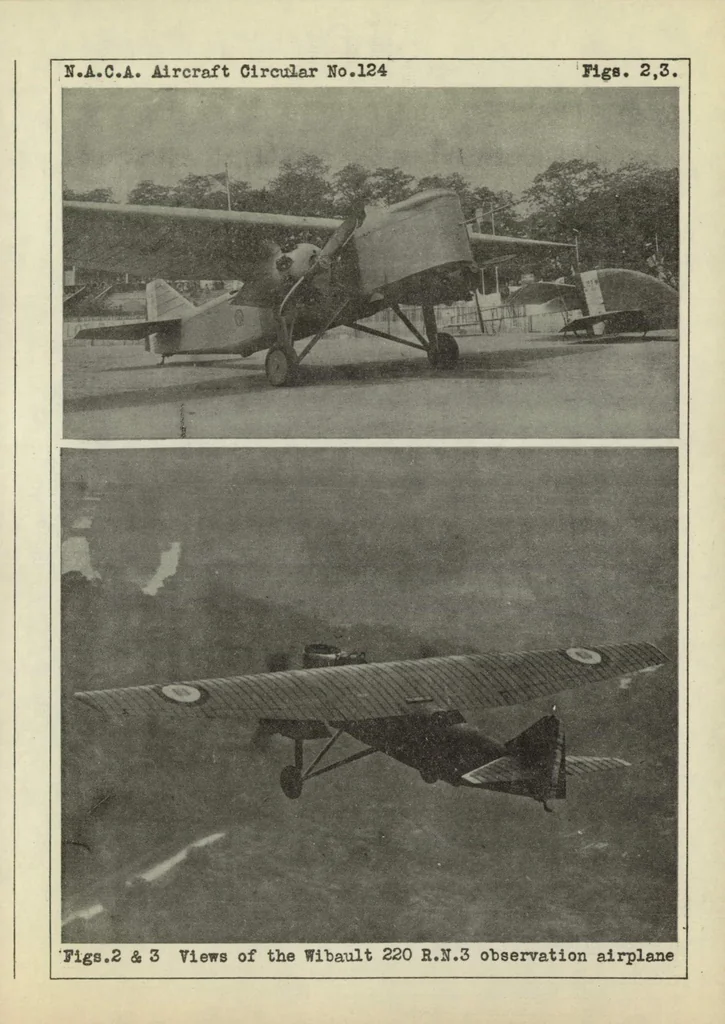 An illustration from The Wibault 220 R.N. 3 airplane (French) : a three-place observation high-wing monoplane, 1930, leaf 6