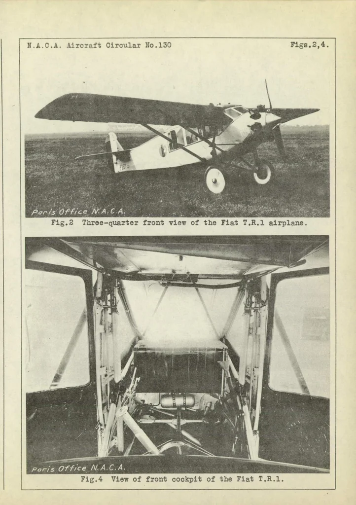 An illustration from The Fiat "T.R.1" training and touring airplane (Italian) : a two-place high-wing monoplane, 1930, leaf 13