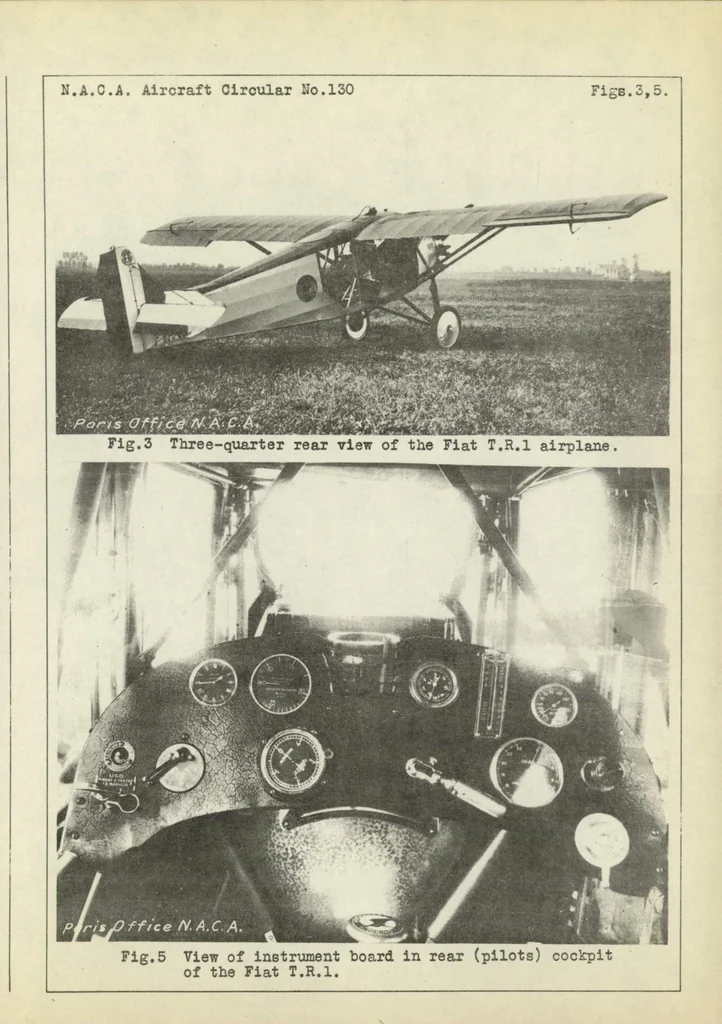 An illustration from The Fiat "T.R.1" training and touring airplane (Italian) : a two-place high-wing monoplane, 1930, leaf 14