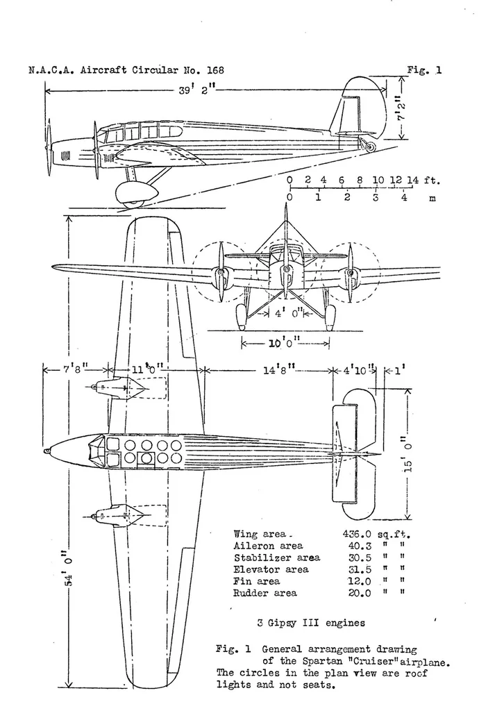 An illustration from Spartan "Cruiser" commercial airplane (British) : a six-seat low-wing cantilever monoplane, 1932, leaf 6