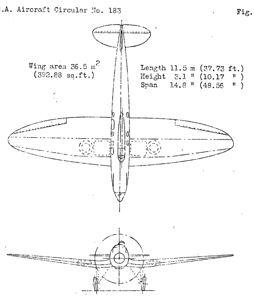 An illustration from Heinkel HE 70 commercial airplane (German) : a seven-seat cantilever low-wing monoplane, 1933, leaf 6