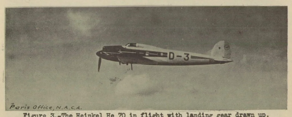 An illustration from Heinkel HE 70 commercial airplane (German) : a seven-seat cantilever low-wing monoplane, 1933, leaf 7