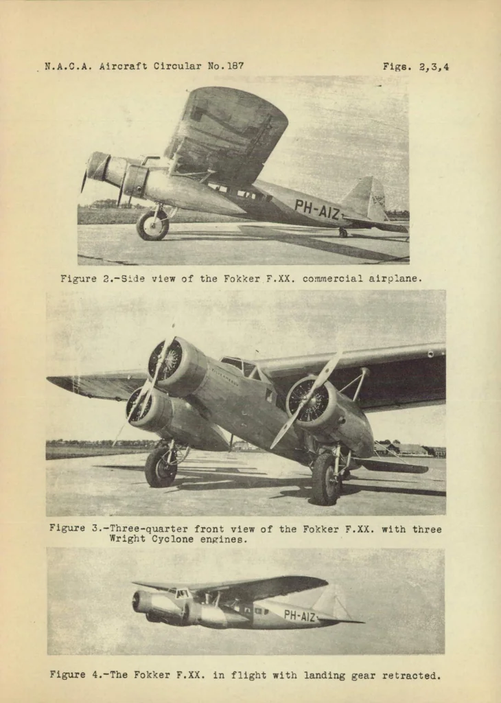 An illustration from Fokker F.XX commercial airplane (Dutch) : a high-wing cantilever monoplane, 1934, leaf 10