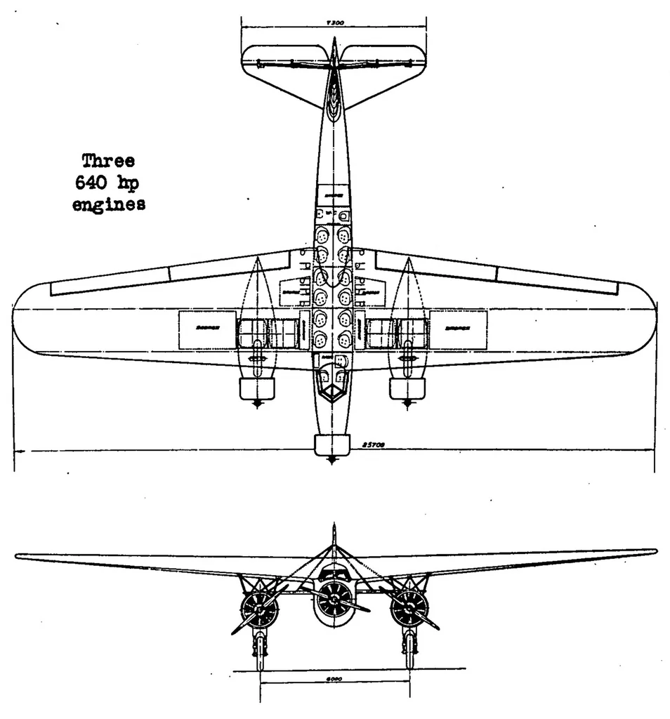 An illustration from Fokker F.XX commercial airplane (Dutch) : a high-wing cantilever monoplane, 1934, leaf 9
