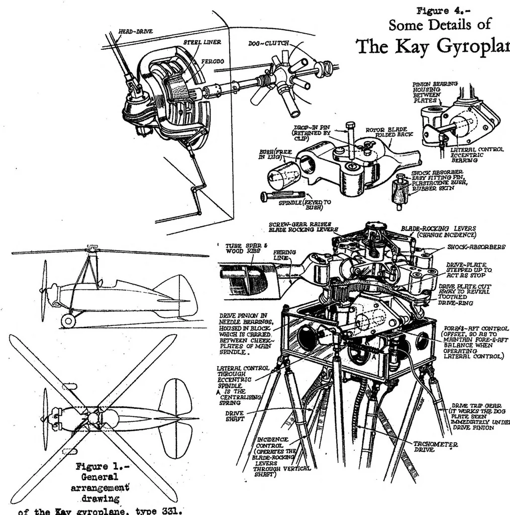 An illustration from Kay 331 gyroplane (British) : all-metal single-seat light rotor plane, 1935, leaf 7