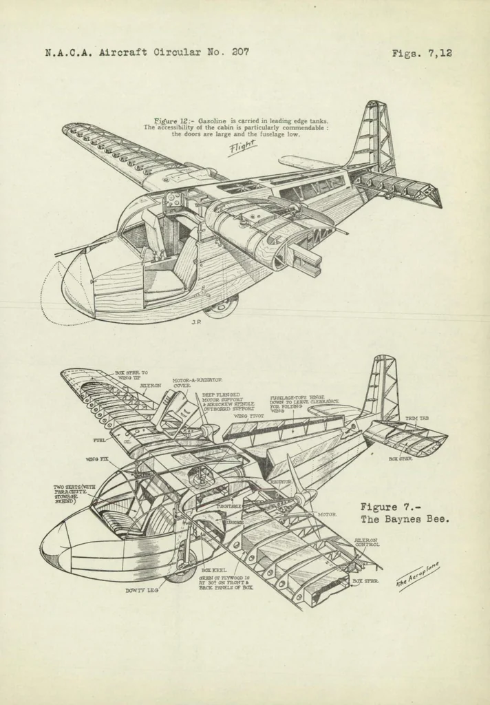 An illustration from Baynes Bee light airplane (British) : a two-seat high-wing monoplane, 1937, leaf 9