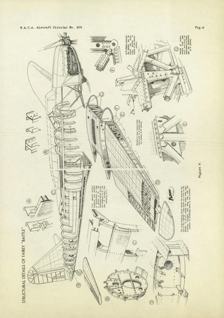An illustration from Fairey "Battle" medium bomber airplane (British) : an all-metal low-wing cantilever monoplane, 1937, leaf 10