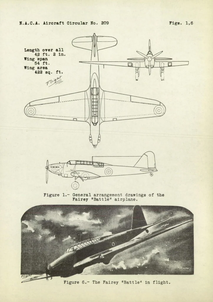 An illustration from Fairey "Battle" medium bomber airplane (British) : an all-metal low-wing cantilever monoplane, 1937, leaf 6