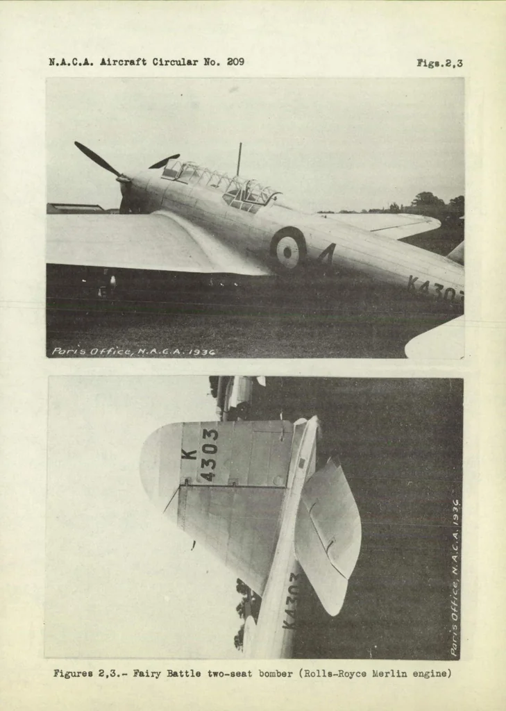 An illustration from Fairey "Battle" medium bomber airplane (British) : an all-metal low-wing cantilever monoplane, 1937, leaf 7