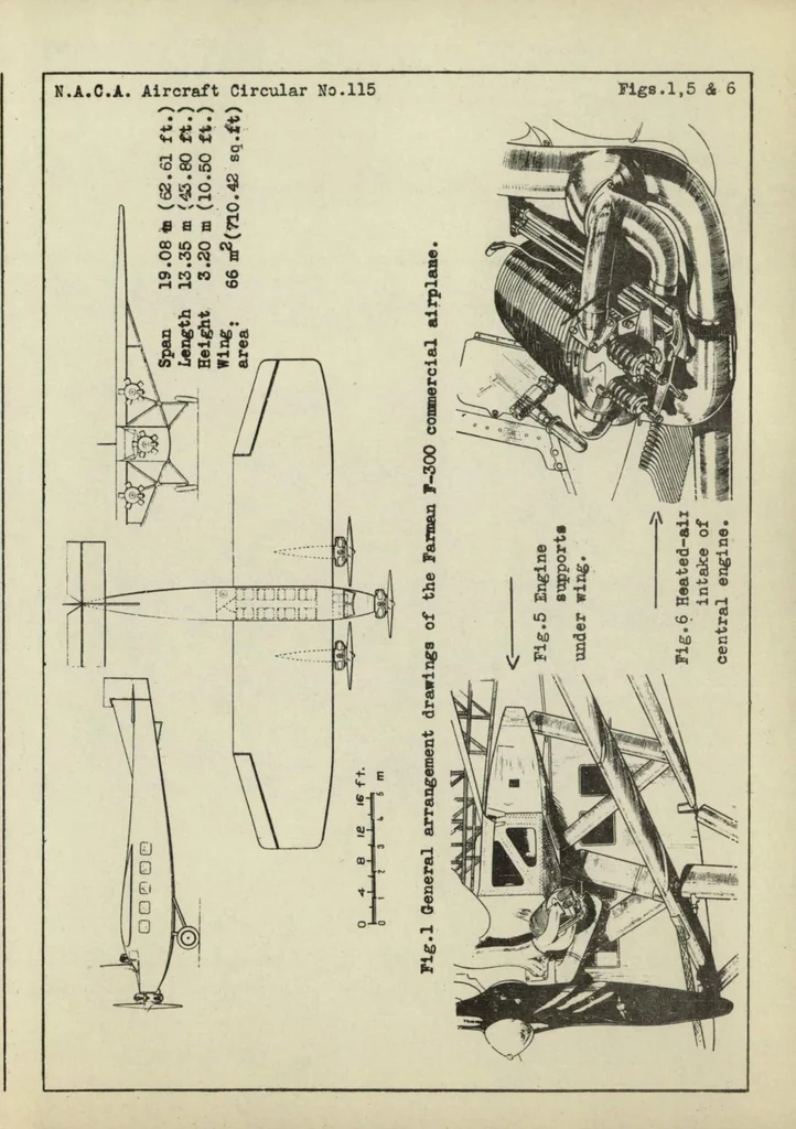 An illustration from The Farman "F.300" commercial airplane (French) : a high-wing semicantilever monoplane, 1930, leaf 7