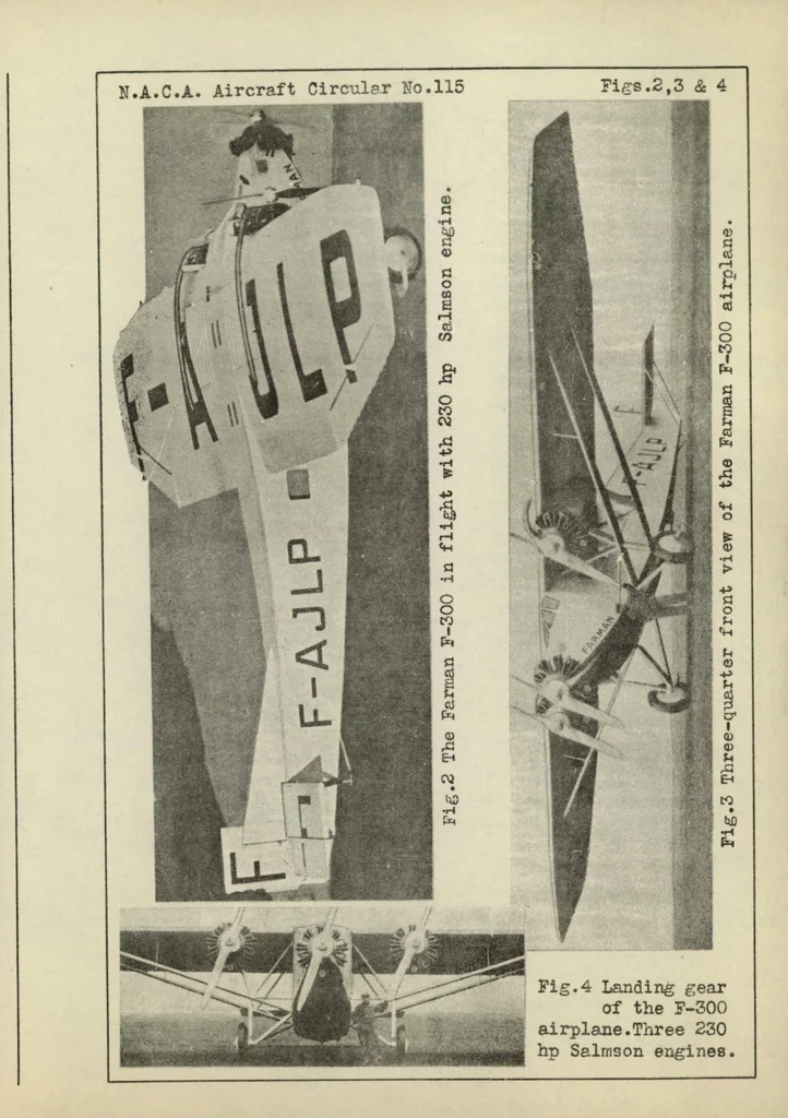 An illustration from The Farman "F.300" commercial airplane (French) : a high-wing semicantilever monoplane, 1930, leaf 8