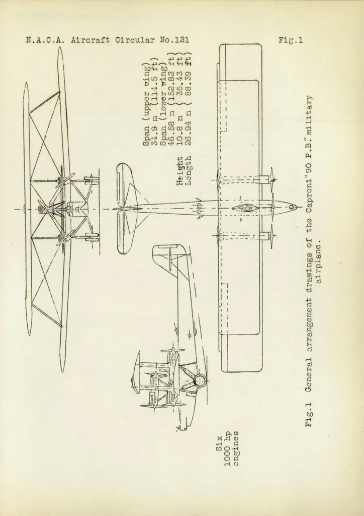 An illustration from The Caproni "90 P.B." military airplane (Italian) : a giant biplane of 6000 horsepower, 1930, leaf 8