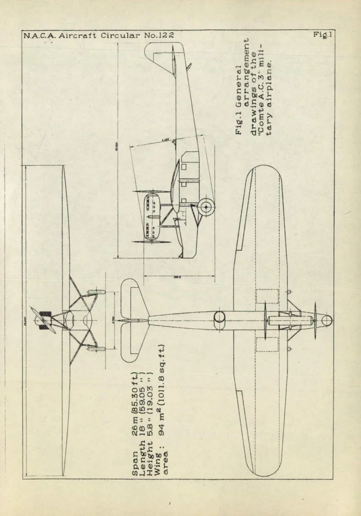 An illustration from The "Comte A.C. 3" military airplane (Swiss) : a high-wing semicantilever monoplane, 1930, leaf 8