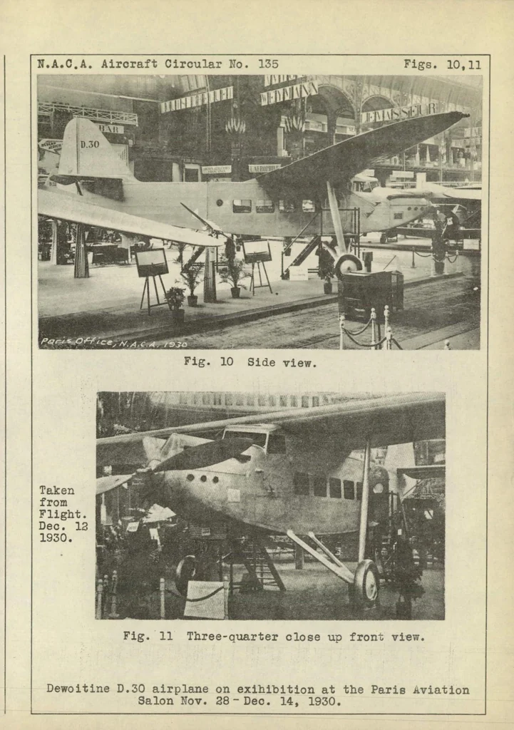 An illustration from The Dewoitine D.30 commercial airplane (French) : a high-wing cantilever monoplane, 1931, leaf 12