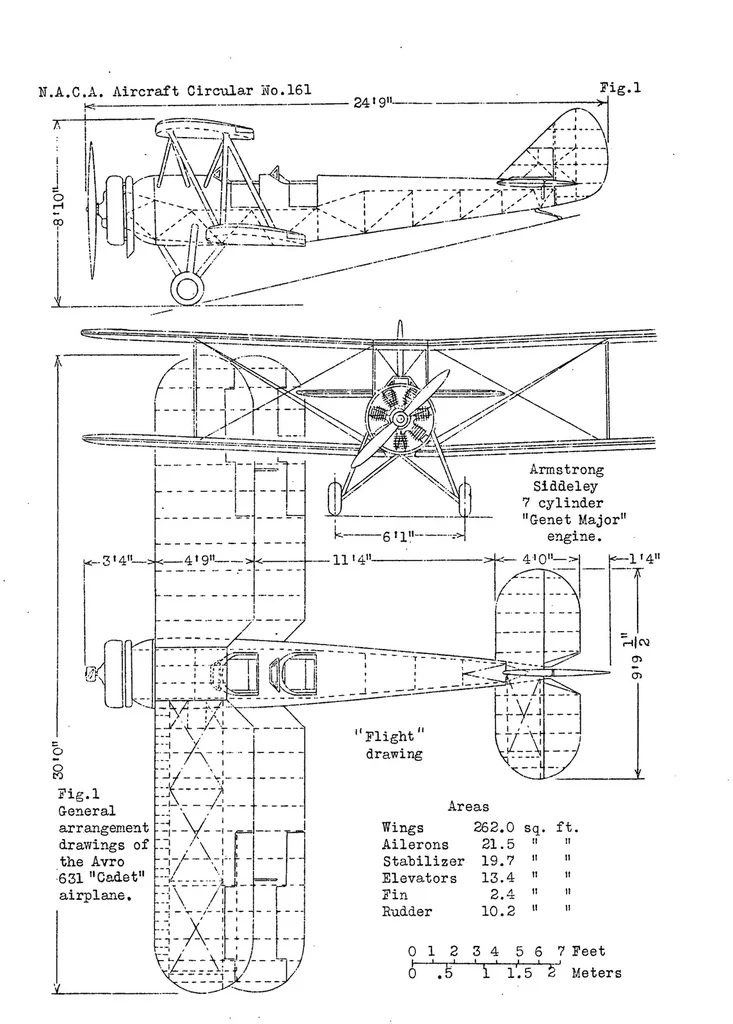 An illustration from The Avro 631 training airplane (British) : a two-seat light biplane, 1932, leaf 7