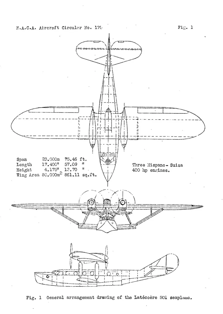 An illustration from The Latecoere 501 commercial seaplane (French) : a three-engine metal sesquiplane, 1932, leaf 5