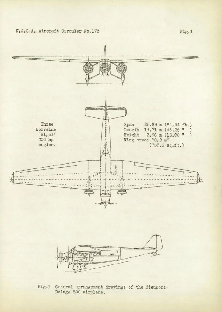 An illustration from Nieuport-Delage 590 Military airplane (French) : a two-place high-wing cantilever monoplane, 1932, leaf 7