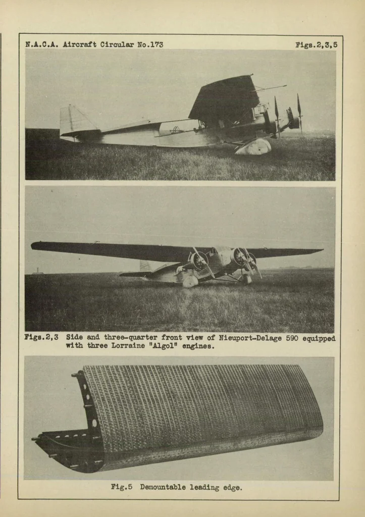 An illustration from Nieuport-Delage 590 Military airplane (French) : a two-place high-wing cantilever monoplane, 1932, leaf 8