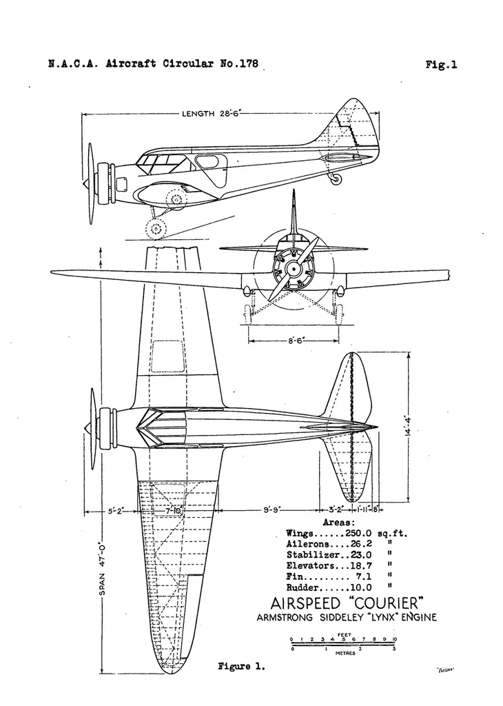 An illustration from The Airspeed "Courier" commercial airplane (British) : a low-wing cantilever monoplane, 1933, leaf 7