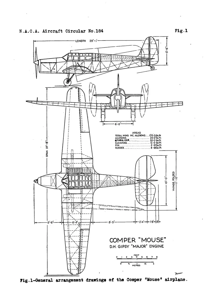 An illustration from The Comper "Mouse" commercial airplane (British) : a three-seat cabin low-wing monoplane, 1933, leaf 6
