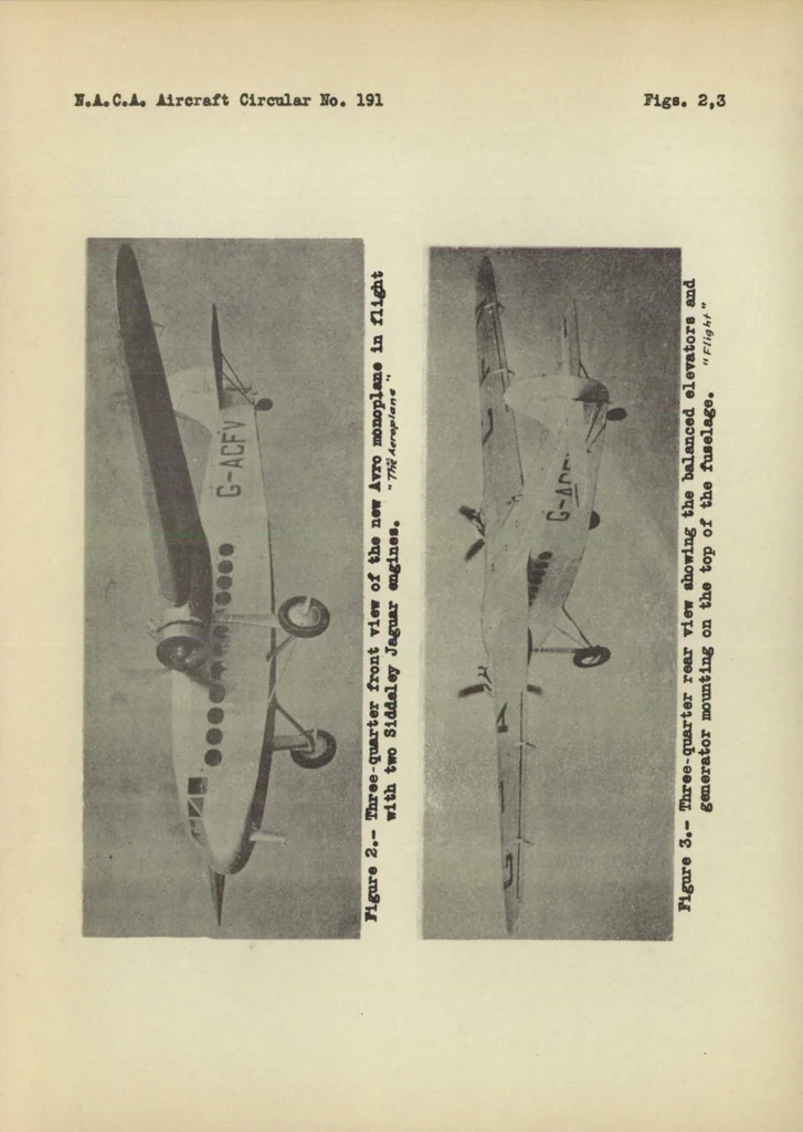 An illustration from Avro 642 commercial airplane (British) : a high-wing cantilever monoplane, 1934, leaf 9