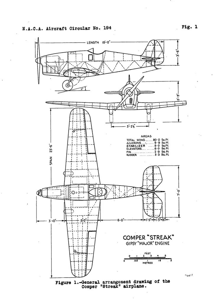 An illustration from The Comper "Streak" single seat airplane (British) : a low-wing cantilever monoplane, 1934, leaf 5