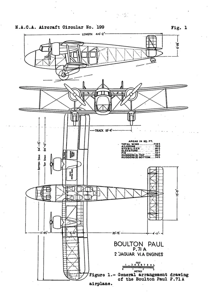 An illustration from Boulton Paul p.71A commercial airplane (British) : a two-engine biplane, 1935, leaf 6