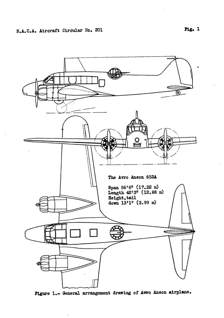 An illustration from The Avro "Anson" general-purpose airplane (British) : a two-engine low-wing cantilever monoplane, 1936, leaf 10
