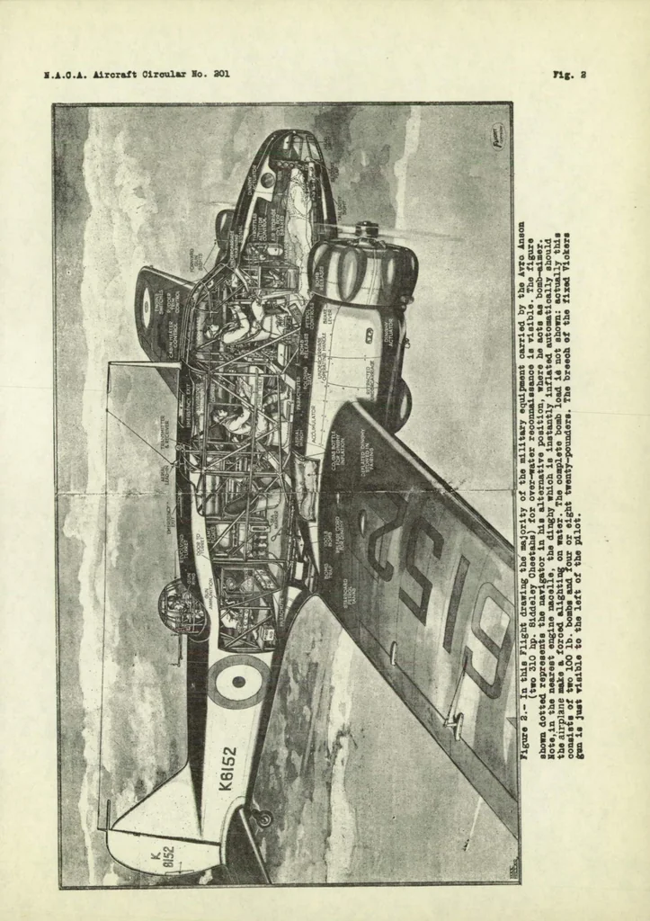 An illustration from The Avro "Anson" general-purpose airplane (British) : a two-engine low-wing cantilever monoplane, 1936, leaf 11